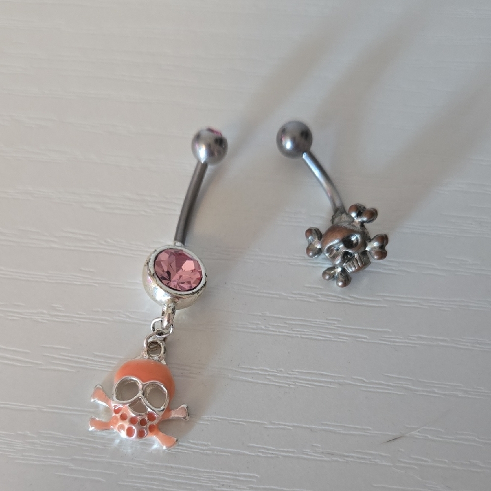 Skull Belly Button Rings with Pink Gem